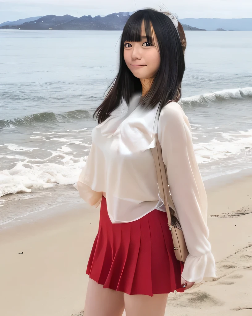 Highest quality,Super detailed,A woman looking at the camera on the beach at Enoshima,Turn slightly to the side and look at me,Long sleeve blouse,red flared mini skirt,Posing for a photo,She is carrying a cute beige backpack.,Distant scenery is blurry