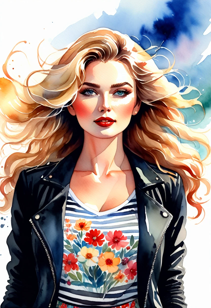 Watercolor illustration, Centered art. The image shows a charming Russian woman with long, curly blonde hair blowing in the wind., she is in a graphic designer style looking at the camera. She is wearing a black jacket and floral skirt., with a striped blouse underneath, adding a pop of color to your look. A white flower adorns her head, Complementando seu visual. She is standing against a white background.