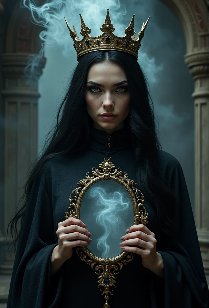 masterpiece, best quality, HD, Delicate texture, Real People,Realistic style,Evil Witch Queen, crown,((手拿冒着Magic Mirror,Magic Smoke)),Fierce expression,Fantasy Art,Black long hair,((Magic Mirror)), ((Gloomy palace)), Black robe,Movie Lighting,Looking at the camera