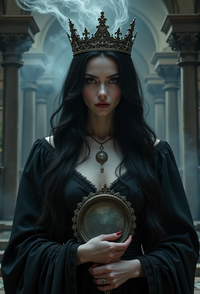 masterpiece, best quality, HD, Delicate texture, Real People,Realistic style,Evil Witch Queen, crown,((手拿冒着Magic Mirror,Magic Smoke)),Fierce expression,Fantasy Art,Black long hair,((Magic Mirror)), ((Gloomy palace)), Black robe,Movie Lighting,Looking at the camera