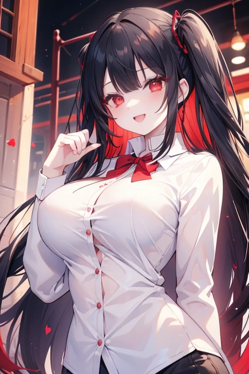 (masterpiece, best quality), intricate details,
1girl,black hair, Red eyes, light red hair, white hair tips,
Big breasts, smiling, opened mouth, wear white shirt, long Sleeve shirt, Red checkered shirt, Park background