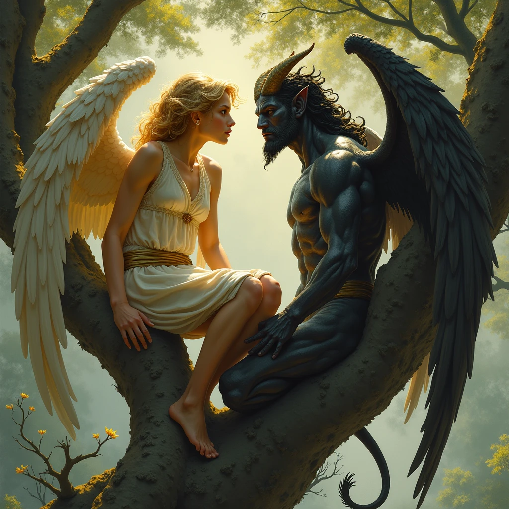 A blond angel and a demon on a tree