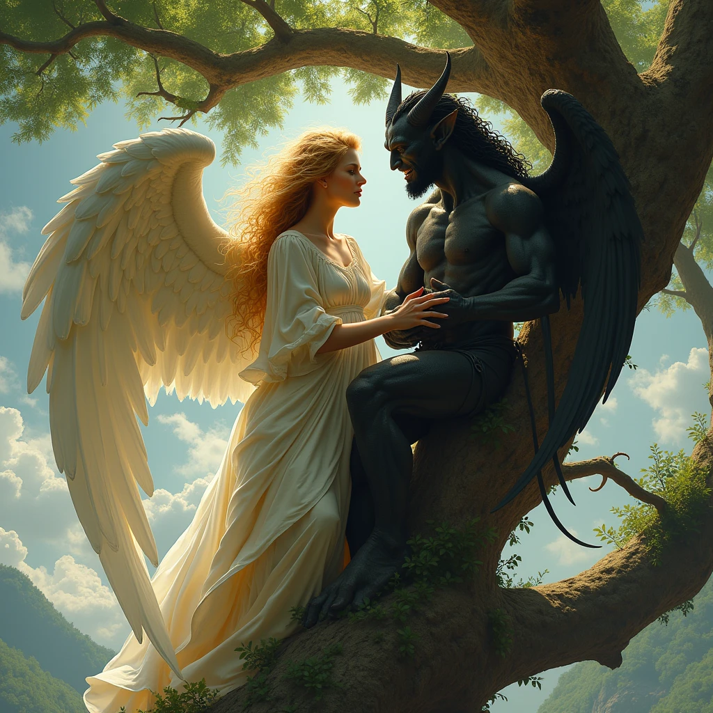 A blond angel and a demon on a tree