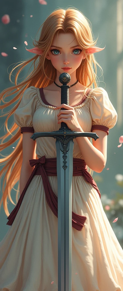 Theme of the game Final Fantasy. Image of a bronze-haired girl standing holding her favorite sword , pastel colors, and dramatic tones. A masterpiece with the highest resolution , Image type semi-realistic