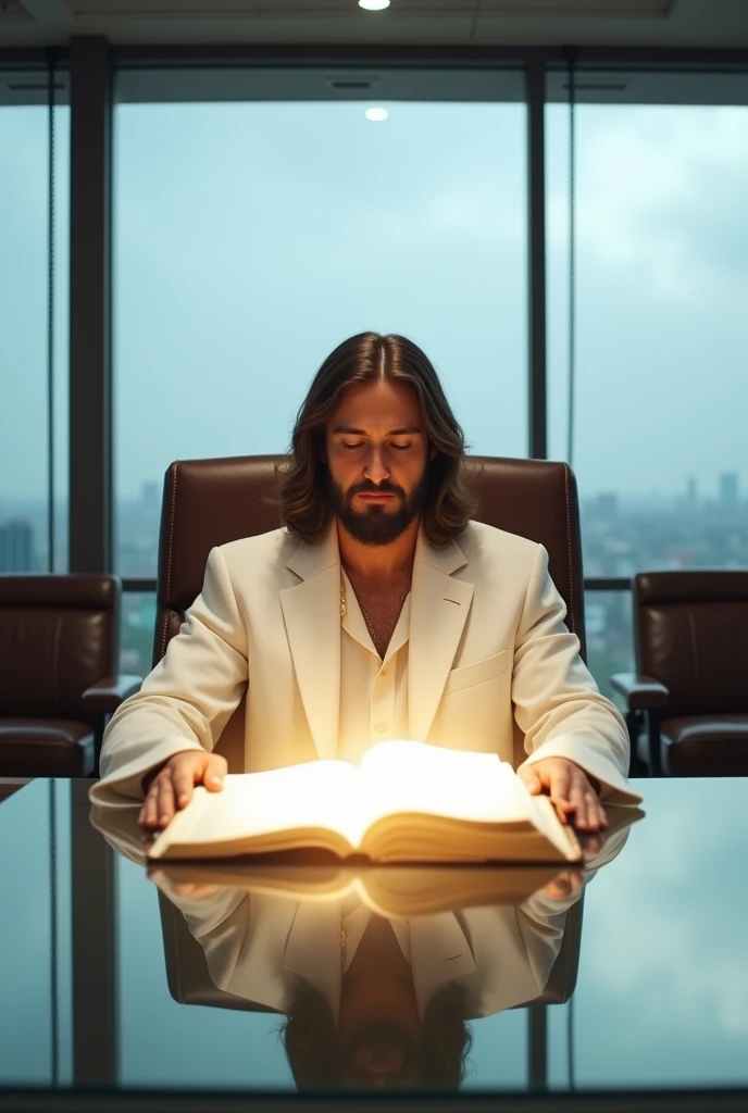 The image captures a unique scene where Jesus Christ, wearing an impeccable white suit, is sitting at the head of a conference table in a modern corporate environment. His suit contrasts with his sacred aura, uniting the divine with the mundane in a harmonious way. On the glass table, In front of him, an open Bible rests, radiating a subtle glow that symbolizes the light of wisdom and truth. The room is spacious and elegantly decorated, with leather chairs around the table and minimalist design touches, conveying a sense of order and professionalism.

Large windows allow natural light to flood the space, enveloping the figure of Jesus in a soft luminosity, almost heavenly. The background suggests a distant urban view, reinforcing the fusion of the spiritual with the everyday. Jesus&#39; expression is serene and deeply reflective., as if about to share words of guidance and peace, addressing a council of attentive leaders or followers. The scene as a whole exudes an atmosphere of calm, moral authority and spiritual contemplation, highlighting Jesus as a guide in all spheres of life, including in the modern business world.