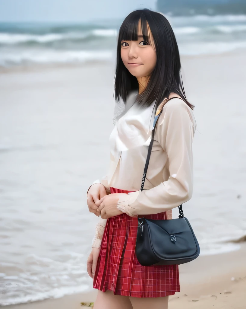 Highest quality,Super detailed,A woman looking at the camera on the beach at Enoshima,Turn slightly to the side and look at me,Long sleeve blouse,red flared mini skirt,Posing for a photo,She is carrying a cute beige backpack.,Distant scenery is blurry