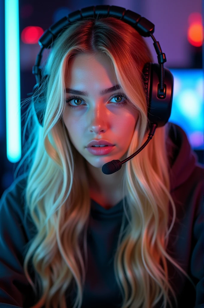 Pretty blonde gamer girl taking selfie while playing games wearing gaming headset pretty posing. 19 year old