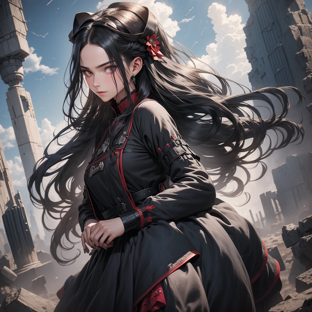 portrait, long hair, black gray hair, crimson eyes, 1girl, head, face, cultivators, absurdres, masterpiece, best quality, cultivators costume, ((female cultivators)), long hair, desolation, ruins, dynamic pose, apocalypse, spellcasting, Style-Glass, full body shot