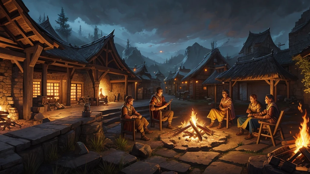 ancient villages, people telling stories around campfires (digital art, fantasy art, RPG art)