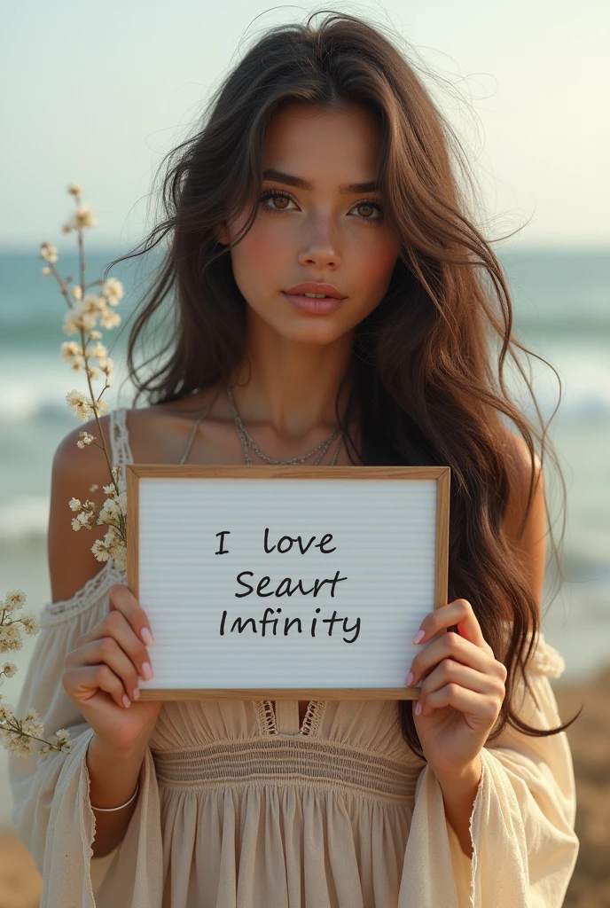 Beautiful girl with wavy long hair, bohemian dress, holding a white board with text "I Love Seaart Infinity" and showing it to the viewer