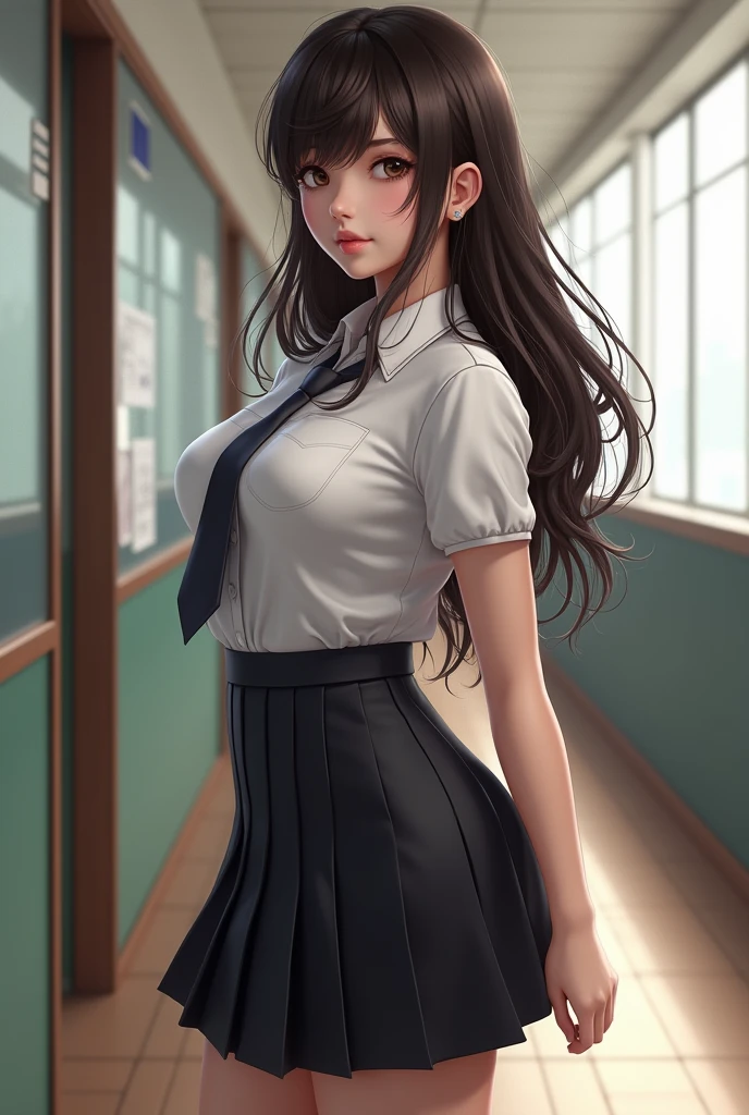 Create a brunette girl, with big breasts, realist looking ahead, thin but with well-formed hips, dressed as a schoolgirl