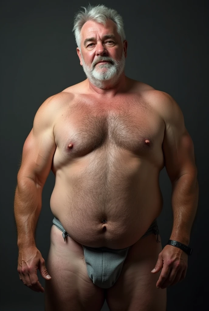 Age: 60, White man with super duper huge pecs , hair covering his huge pecs, yearning for sex, oiled up body, masturbating, showing off his huge anus , Police Detective, Horny yet, huge muscles, big hairy crotch, naked , Muscular yet Chubby, Kind-hearted, Buttoned-open Translucent Shirt revealing matured chest hairs, Mature Daddy, Naked Hairy Chest, Noticeable penis ) A 60-year-old white man stands proudly being naked and showing off his huge muscular dad body, revealing his hairy chest and a noticeable bulge. With a worn-out expression, indicating his horny yet disgusting nature, he gazes intently at the audience, dressed in a smart and naked, showing off his huge dick