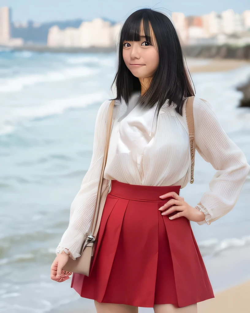Highest quality,Super detailed,A woman looking at the camera on the beach at Enoshima,Turn slightly to the side and look at me,Long sleeve blouse,red flared mini skirt,Posing for a photo,She is carrying a cute beige backpack.,Distant scenery is blurry