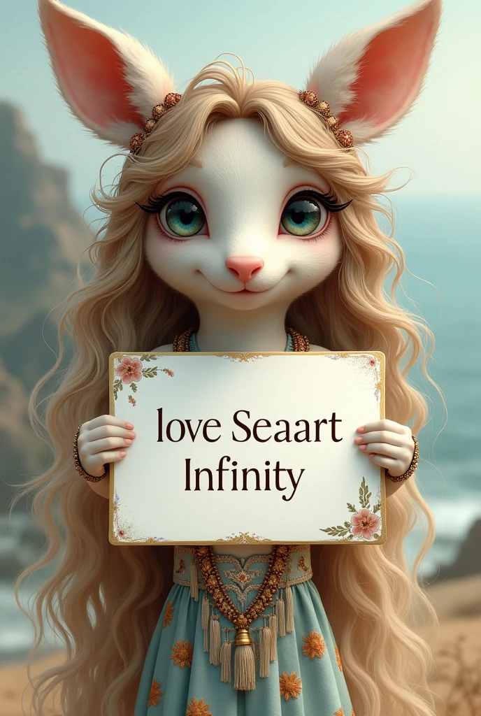 Animal with wavy long hair, bohemian dress, holding a white board with text "I Love Seaart Infinity" and showing it to the viewer
