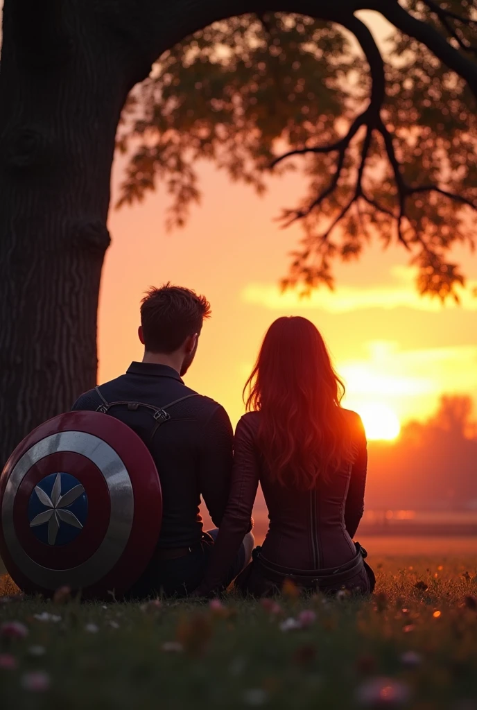 Captain America and black widow sitting under a tree in a park , watching sun set together