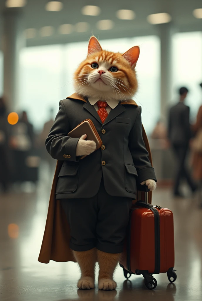 Shanghai，35mm lens，Multiple angles，Cat，cute，Personification，Back，side，silhouette，Overhead shot，Cat，Standing，doll，Airline stewardess，Trolley case，，AIRPORT，Shanghai，Airline stewardess， cloak,Ruan Jia,Suit,tie, (Delicate face), (Fine fluffy fur)，（35mm Cinema Lens），（Multi-angle shooting），（many viewing angles）