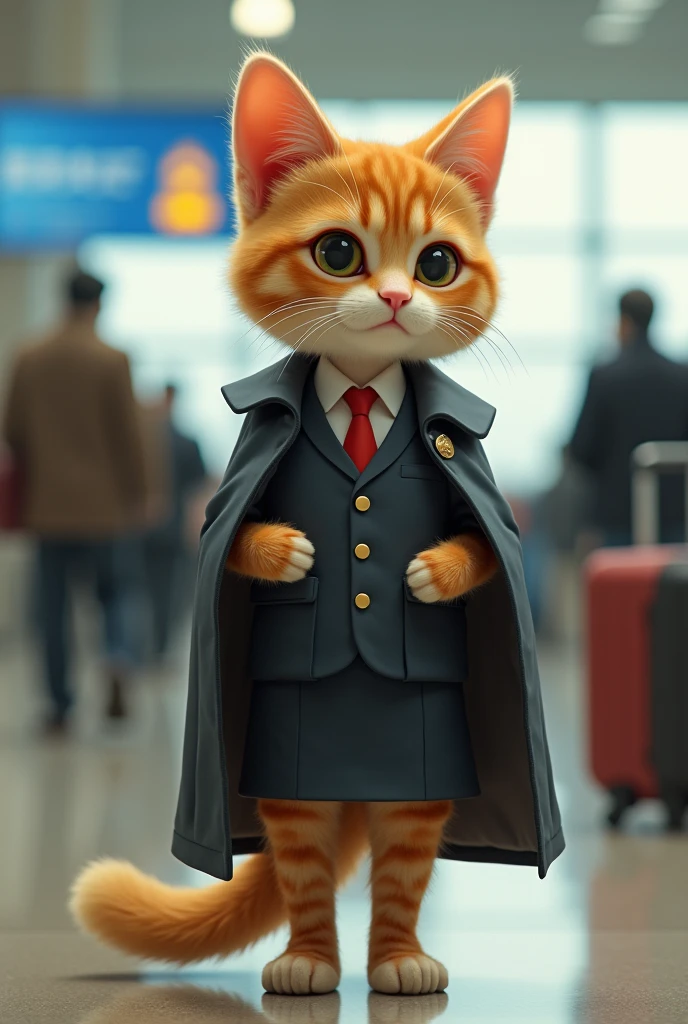 Shanghai,35mm lens,Multiple angles,Cat,cute,Personification,Back,side,silhouette,Overhead shot,Cat,Standing,doll,Airline stewardess,Trolley case,,AIRPORT,Shanghai,Airline stewardess, cloak,Ruan Jia,Suit,tie, (Delicate face), (Fine fluffy fur),(35mm Cinema Lens),(Multi-angle shooting),(many viewing angles)
