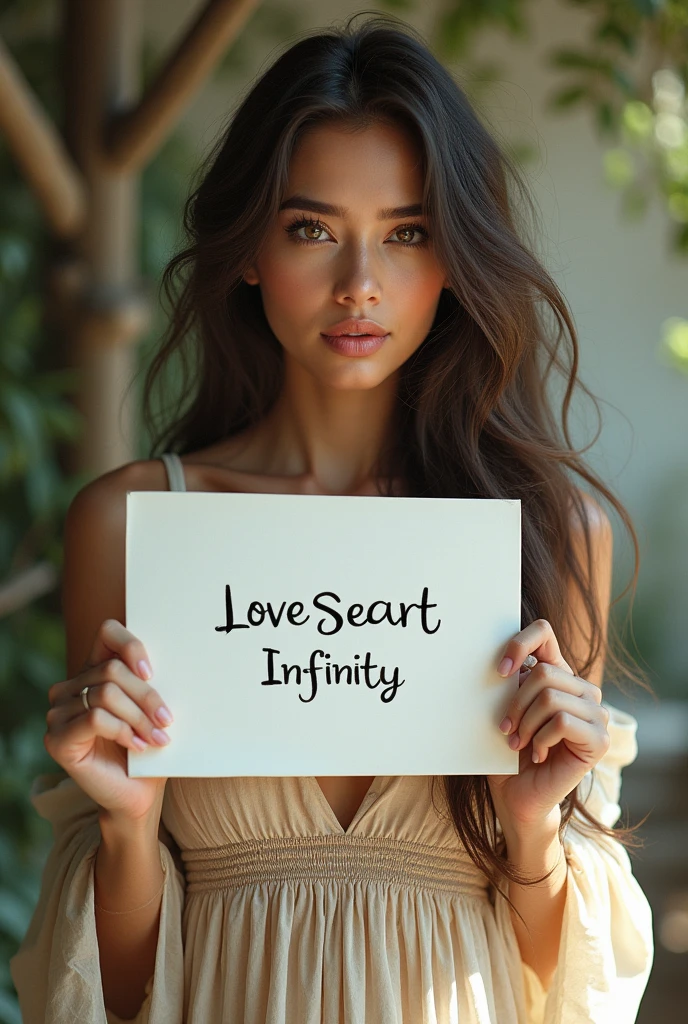 Beautiful girl with wavy long hair, bohemian dress, holding a white board with text "I Love Seaart Infinity" and showing it to the viewer