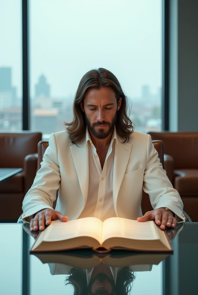 The image captures a unique scene where Jesus Christ, wearing an impeccable white suit, is sitting at the head of a conference table in a modern corporate environment. His suit contrasts with his sacred aura, uniting the divine with the mundane in a harmonious way. On the glass table, In front of him, an open Bible rests, radiating a subtle glow that symbolizes the light of wisdom and truth. The room is spacious and elegantly decorated, with leather chairs around the table and minimalist design touches, conveying a sense of order and professionalism.
Large windows allow natural light to flood the space, enveloping the figure of Jesus in a soft luminosity, almost heavenly. The background suggests a distant urban view, reinforcing the fusion of the spiritual with the everyday. Jesus' expression is serene and deeply reflective., as if about to share words of guidance and peace, addressing a council of attentive leaders or followers. The scene as a whole exudes an atmosphere of calm, moral authority and spiritual contemplation, highlighting Jesus as a guide in all spheres of life, including in the modern business world.