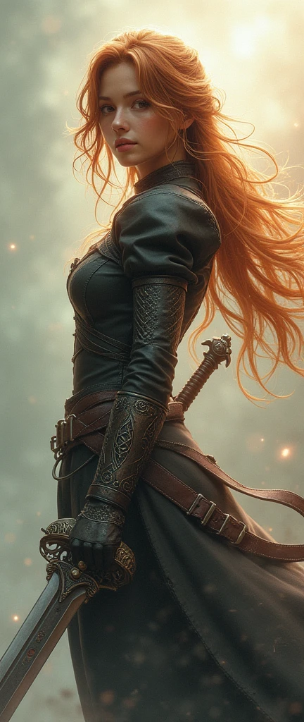 Theme of the game Final Fantasy. Image of a bronze-haired girl standing holding her favorite sword , pastel colors, and dramatic tones. A masterpiece with the highest resolution , Image type semi-realistic