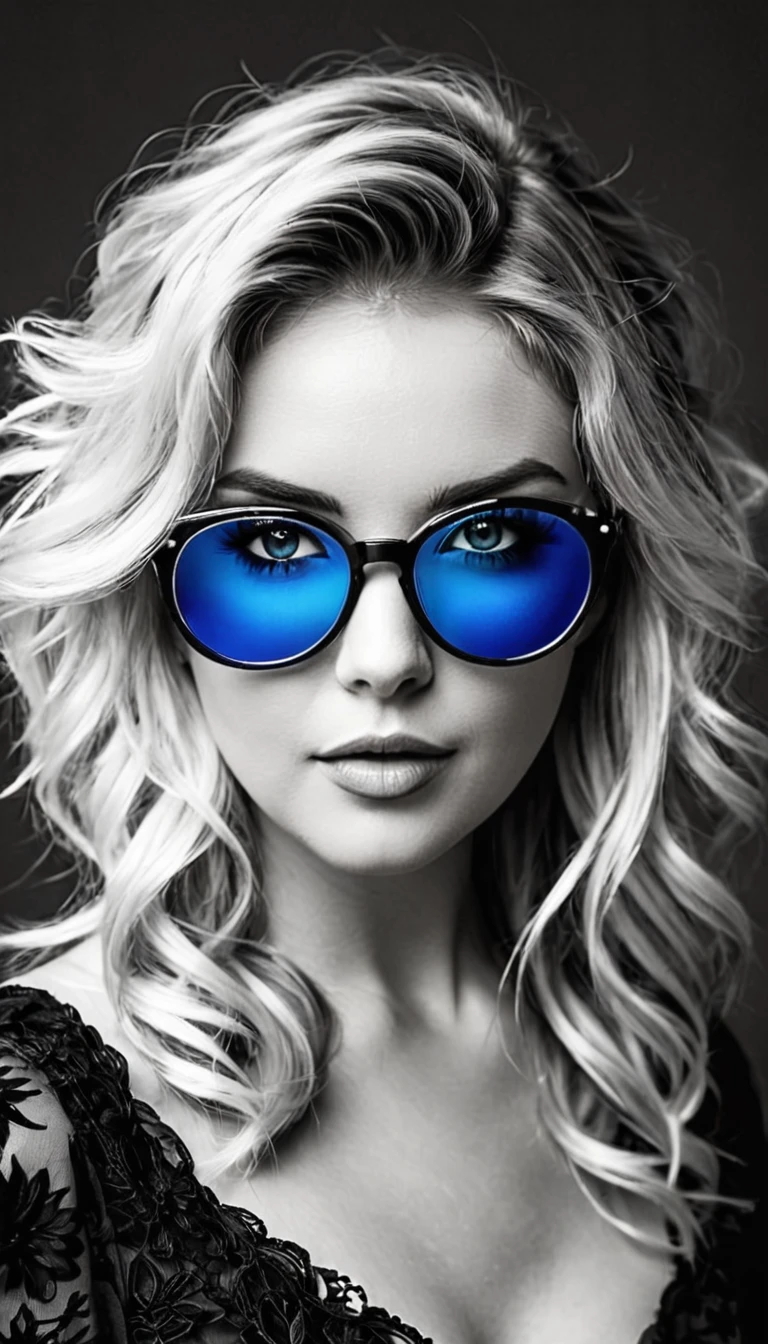 Photo noir et blanc et bleu profond, une femme aux yeux bleus sublimes, (longs cheveux aux reflets bleus électriques très détaillés), une grande paire de fines lunettes en titane , une peau impeccable, tir à moitié du corps, tenant une rose darkblue, intensité du regard captivant, style de photographie fantaisiste, capturé avec un appareil photo, Cinématique, Éclairage dramatique, Extrêmement clair, masterpiece surréaliste à couper le souffle.
