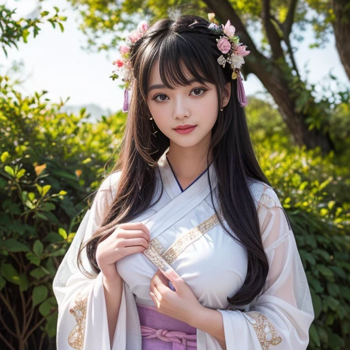 best quality, Delicate face,beautiful visual work, lifelike, eternity, black hair, Long curly hair, blunt bangs, Smile, Detailed Background, Delicate face,blush,cold,((masterpiece))、(top quality)、8k、high detail、Super detailed,21 years old female,身穿唐制Hanfu、waist skirt, Clothes are light and fluffy,Hanfu, wide sleeves, Transparent sleeves, Tunic, Clothes made of chiffon, masterpiece、born、Scenes resembling fairy tale illustrations、intricate details和複雜的設計、Beautifully、magic、capricious、 Beautifully、Dream aesthetics、「𝓡𝓸𝓶𝓪𝓷𝓽𝓲𝓬、ethereal、charming、fickle、magic」、realism、Visual effects、FXAA、SSAO、Shader、voiceless、ambient lighting、Tone mapping、High resolution、Ultra high quality、Million pixels、(8K resolution:1.10)、8k、8k以下、8K resolution、high detail、intricate details, (high quality:1.2、masterpiece:1.2、:1.21)、(21 years old female:1.21)、(興奮地Smile)、(被dream般的氛圍所包圍、Model diagram,full-body shot,Normal 2 feet,Put your hands behind you,The protrusion of the breast is visible when wearing clothes, Large Breasts, H cup chest, antiquity, Xian Xia, gauze clothes, Soft and fluttering, Fairy, dream, fantasy, light, Elegant, nature, Immortal, romantic, classical, ribbon, light purple clothes, In the woods, martial arts drama scene