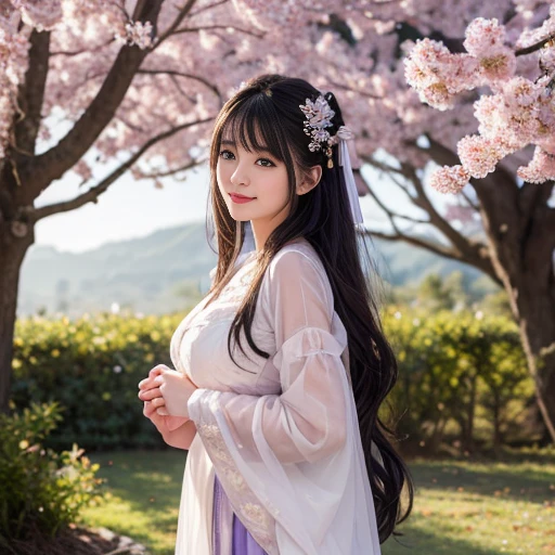 best quality, Delicate face,beautiful visual work, lifelike, eternity, black hair, Long curly hair, blunt bangs, Smile, Detailed Background, Delicate face,blush,cold,((masterpiece))、(top quality)、8k、high detail、Super detailed,21 years old female,身穿唐制Hanfu、waist skirt, Clothes are light and fluffy,Hanfu, wide sleeves, Transparent sleeves, Tunic, Clothes made of chiffon, masterpiece、born、Scenes resembling fairy tale illustrations、intricate details和複雜的設計、Beautifully、magic、capricious、 Beautifully、Dream aesthetics、「𝓡𝓸𝓶𝓪𝓷𝓽𝓲𝓬、ethereal、charming、fickle、magic」、realism、Visual effects、FXAA、SSAO、Shader、voiceless、ambient lighting、Tone mapping、High resolution、Ultra high quality、Million pixels、(8K resolution:1.10)、8k、8k以下、8K resolution、high detail、intricate details, (high quality:1.2、masterpiece:1.2、:1.21)、(21 years old female:1.21)、(興奮地Smile)、(被dream般的氛圍所包圍、Model diagram,full-body shot,Normal 2 feet,Put your hands behind you,The protrusion of the breast is visible when wearing clothes, Large Breasts, H cup chest, antiquity, Xian Xia, gauze clothes, Soft and fluttering, Fairy, dream, fantasy, light, Elegant, nature, Immortal, romantic, classical, ribbon, light purple clothes, In the woods, martial arts drama scene