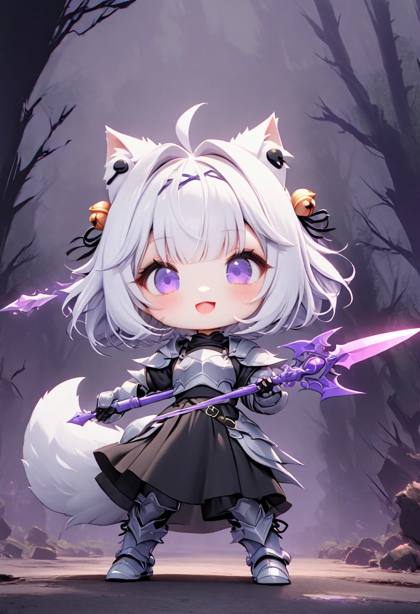 master piece, best quality, ultra-detailed, illustration, 1girl, solo, chibi, (big head), cute pose, front view, looking at viewer, ((full body Close up)), filian, filianoverall, Filiansailor, ((white hair)) , short hair, shoulder length hair, fly-away hair, purple hair ornament, bangs, hairclip, cat ears, (hair bell:1.3) ahoge, purple eyes, open mouth, smiling, (white fox tail), ((spear knight outfit)), knight's armor, metal breastplate, armored gloves, holding a heavy sword , glowing sword , metal greaves, armored boots, spooky forest background, gloomy atmosphere, broken trees