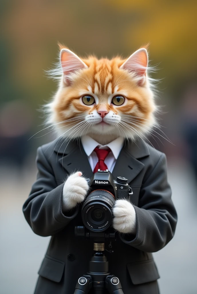 Cute cat cat，Personification，Standing，Hold the camera，tripod，Photographer，In Beijing Park，Photo gesture，,Suit,tie, (Delicate face), (Fine fluffy fur)，（35mm Cinema Lens），（Multi-angle shooting），（many viewing angles）