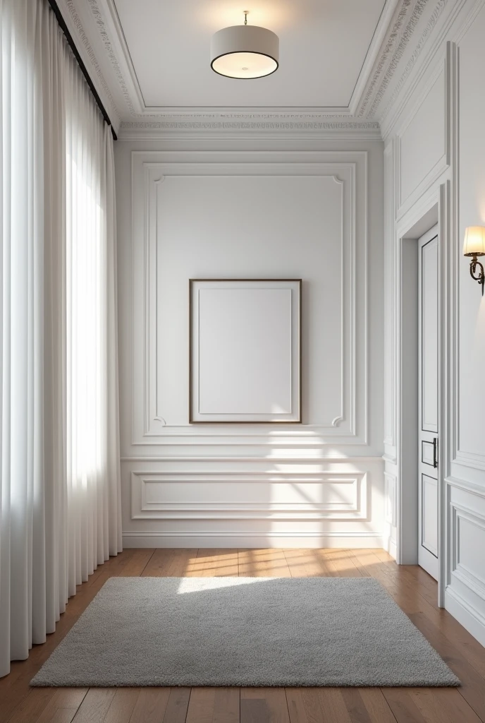 Neoclassical bedroom interior, white tone, wooden floor, gray carpet, ceiling light, picture, white curtain on the left, (picture:1.1), marble wall, many moldings, wall lamp,window, natural light