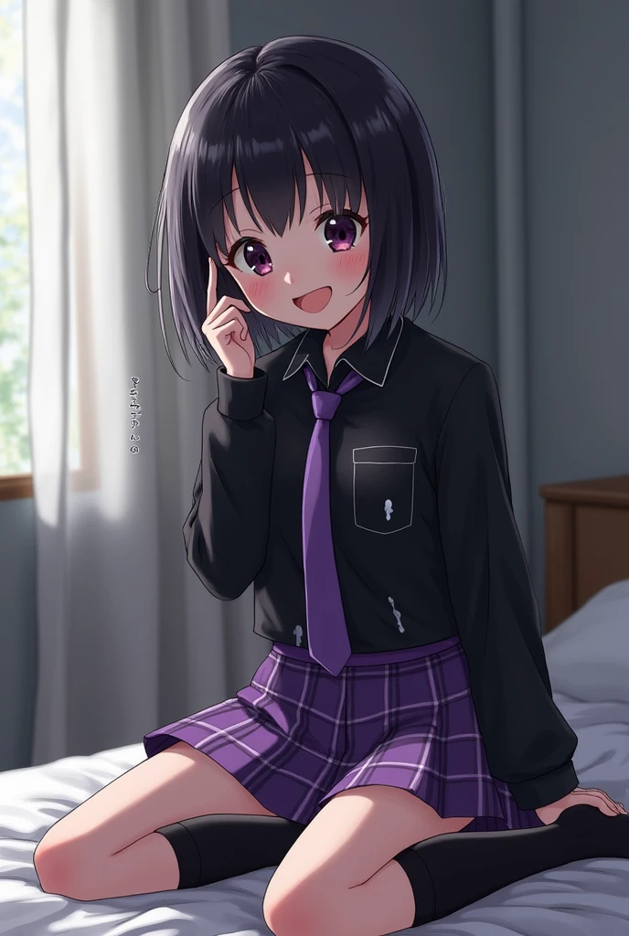 high quality, detailed,W-Shaped Sitting,She is a 13-year-old junior high school girl.，Wearing a very wet long-sleeved black shirt and purple tie,Purple plaid skirt,(purple Bob Hairstyle,Bob Hairstyle)(Wear black knee-length socks),Mole under the eye,(Sticking out tongue,Sticking out tongue Sticking out tongue),(blush:1.4),whole body,(((Clothes stained with white liquid:1.2))), (((There is a white liquid on the hair:1.2))), (((White liquid on face:1.6))),, ((((Plenty of white liquid:1.2))))Frontal shot,on the bed,Smile,