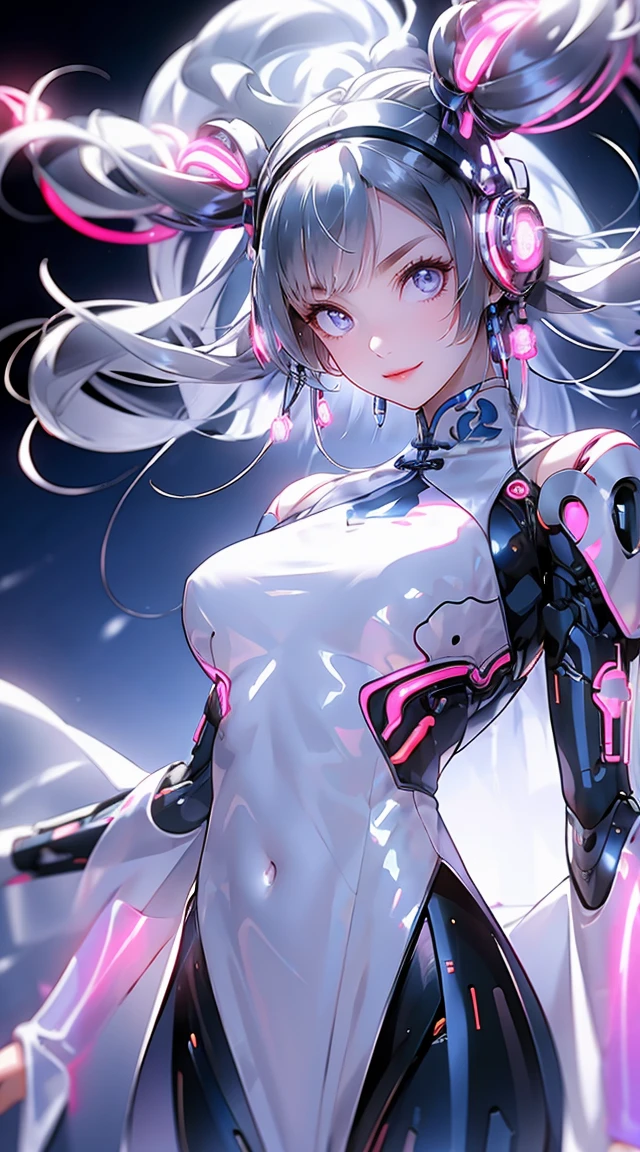 1 girl, Chinese_cloth, liquid silver and pink, Cyberhan, chönsam, cyberpunk city, dynamic pose, Glowing headphones, Luminous hair accessories, long hair, Glowing earrings, Luminous necklace, cyberpunk, High-tech city, full of mechanical and Futuristic elements, Futuristic, technologies, glowing neon, pink, pink light, Sheer tulle, Transparent streamers, laser, Digital Background City Sky, big moon, with vehicles, Best quality, masterpiece, 8 K, Character Edge Light, super highly detailed, high quality, the most beautiful woman among people, smiling slightly, face facing forward, Symmetry on the left and right, ear decoration, beautiful pupil lighting effects, Visual data, Silver-white hair, hair is not dirty, long hair over the waist, Glowing electronic clock, Deep eyes, happy, English drawing