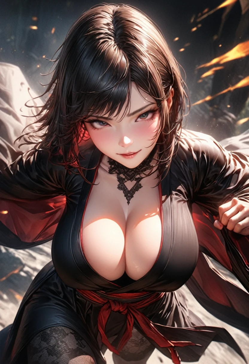 (8k, best quality, masterpiece:1.2),\(Eye details\),\(Facial features details\),(\(Clothes details details\)\),(1 girl:1.3),solo,full body,silicon dioxide,Black hair,left bangs,tall body,custom,Medium color custom beauty,assassin,Large Breasts,huge breasts,cleavage,slim waist,[Thin｜thigh outcuting]Black Hanfu,Black lace tights,Martial Arts,(QIEMANCN),masterpiece portrait, Extreme details, (character focus:1.4), Very detailed, HDR, Super detailed, best quality, best quality, Realistic lighting, Ultra Detailed