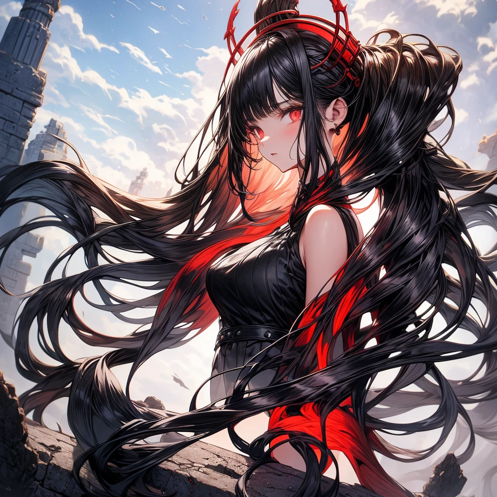 portrait, long hair, black gray hair, crimson eyes, 1girl, head, face, cultivators, absurdres, masterpiece, best quality, cultivators costume, ((female cultivators)), long hair, desolation, ruins, dynamic pose, apocalypse, spellcasting, Style-Glass, full body shot