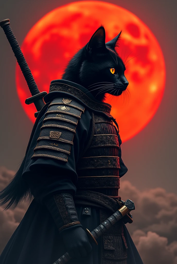 The image features a humanoid black cat with orange cat eyes in a samurai warrior's attire, standing against a backdrop of a large red moon. The cat is positioned to the left side of the frame, facing right with its head slightly tilted upwards. It is wearing a detailed armor that resembles traditional samurai armor, complete with intricate designs and patterns. The armor is primarily black with silver accents, adding to the visual depth. The cat's ears are perked up, and its eyes are focused on something in the distance. A sword is sheathed on the cat's back, suggesting readiness for battle or a ceremonial stance. The red moon in the background casts an orange hue over the scene, creating a dramatic and intense atmosphere, retina, accurate, masterpiece, super detail, high details, best quality, award winning, highres, HD, 4K, 8k, 16k, retina, accurate, masterpiece, anatomically correct, textured skin, super detail, high quality, award winning, highres, 8k, 16k
