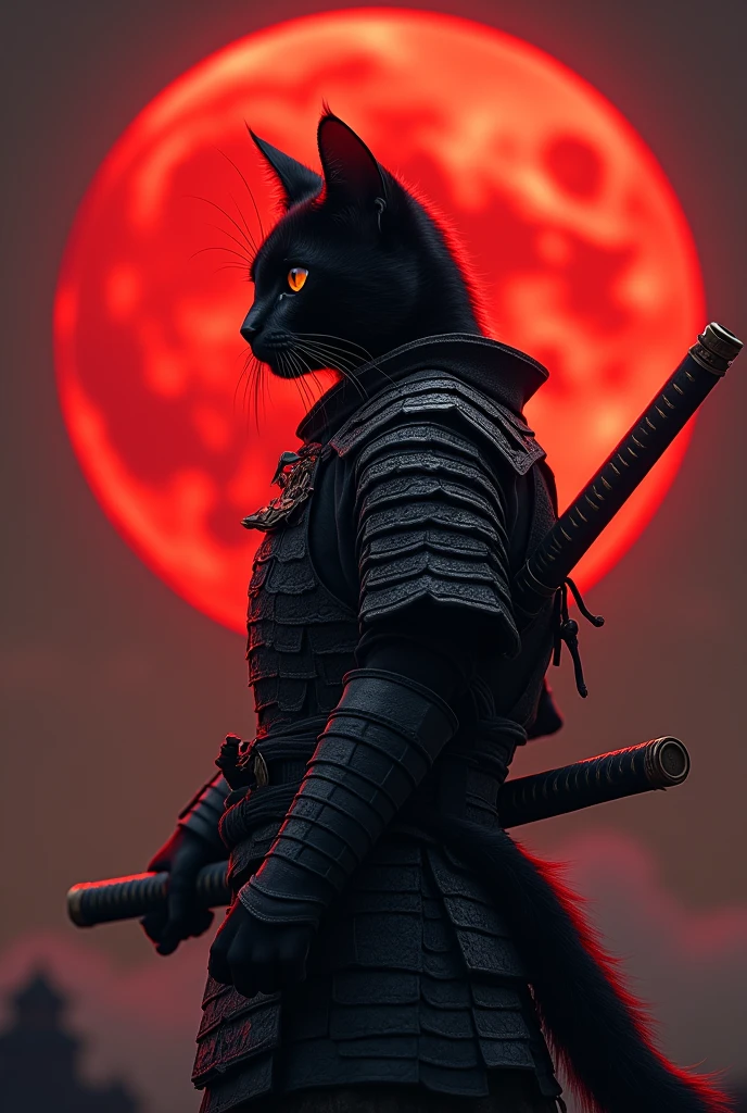 The image features a humanoid black cat with orange cat eyes in a samurai warrior's attire, standing against a backdrop of a large red moon. The cat is positioned to the left side of the frame, facing right with its head slightly tilted upwards. It is wearing a detailed armor that resembles traditional samurai armor, complete with intricate designs and patterns. The armor is primarily black with silver accents, adding to the visual depth. The cat's ears are perked up, and its eyes are focused on something in the distance. A sword is sheathed on the cat's back, suggesting readiness for battle or a ceremonial stance. The red moon in the background casts an orange hue over the scene, creating a dramatic and intense atmosphere, retina, accurate, masterpiece, super detail, high details, best quality, award winning, highres, HD, 4K, 8k, 16k, retina, accurate, masterpiece, anatomically correct, textured skin, super detail, high quality, award winning, highres, 8k, 16k