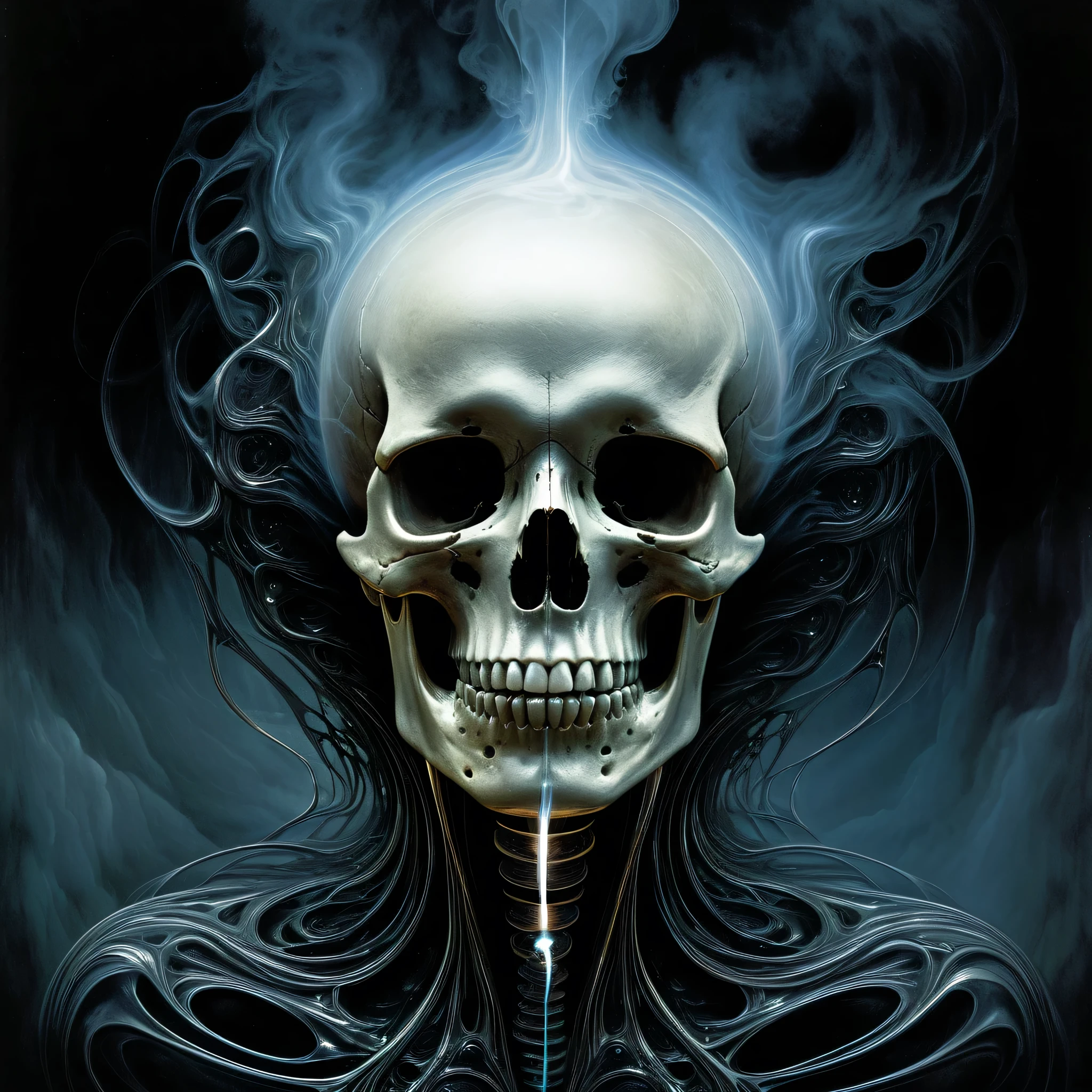A wispy tendril of cigarette smoke undulates and twists, coalescing into the macabre visage of a human skull, its ethereal form hovering against a velvety black backdrop, reminiscent of Zdzisław Beksiński's haunting surreality and the dreamlike quality of Ash Thorp's futuristic visions, with intricate details and textures that evoke the works of H.R. Giger, in a style that blends eerie realism with an otherworldly, mystical aura, as if conjured from the darkest recesses of the subconscious.