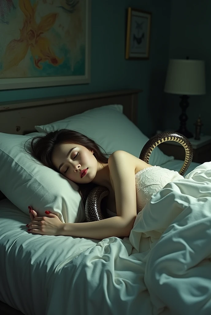 A woman is sleeping in bed and a snake enters her buttocks.