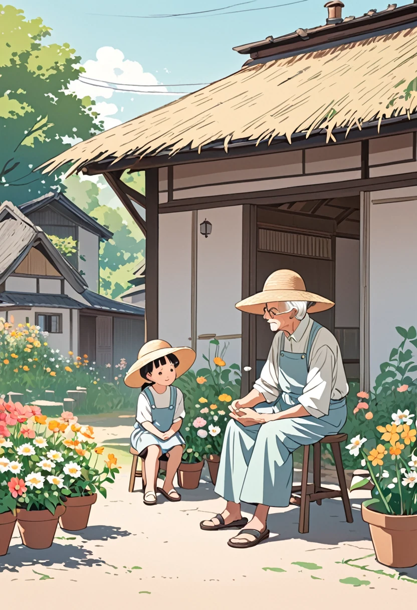 An elderly figure wearing a straw hat sits on a stool, talking to a child, with flower pots by a traditional house.，Pastel colors，Minimalist illustration，Grandparent and child，Rural life，Peaceful scene，Traditional house，Flower pots，Straw hat，Quiet conversation，Simple line art