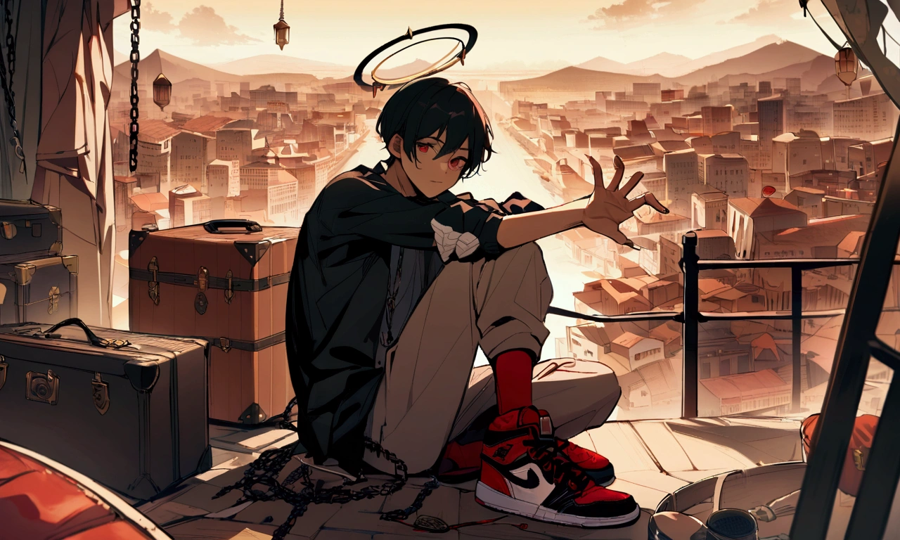The image shows a person wearing a pair of black and red Jordan sneakers., with untied laces and a relaxed posture. beside, A vintage luggage with a bottle of rum sticking out, with a few clothes and accessories scattered around. In the background, a broken and rusty chain, with loose links and a feeling of freedom. The person has a confident and relaxed attitude, with a microphone in his right hand and a flow gesture on his face. around, There is a halo of dim light, with warm colors and an atmosphere of creativity and music. In the background, you can see a city or a distant landscape, symbolizing travel and adventure.