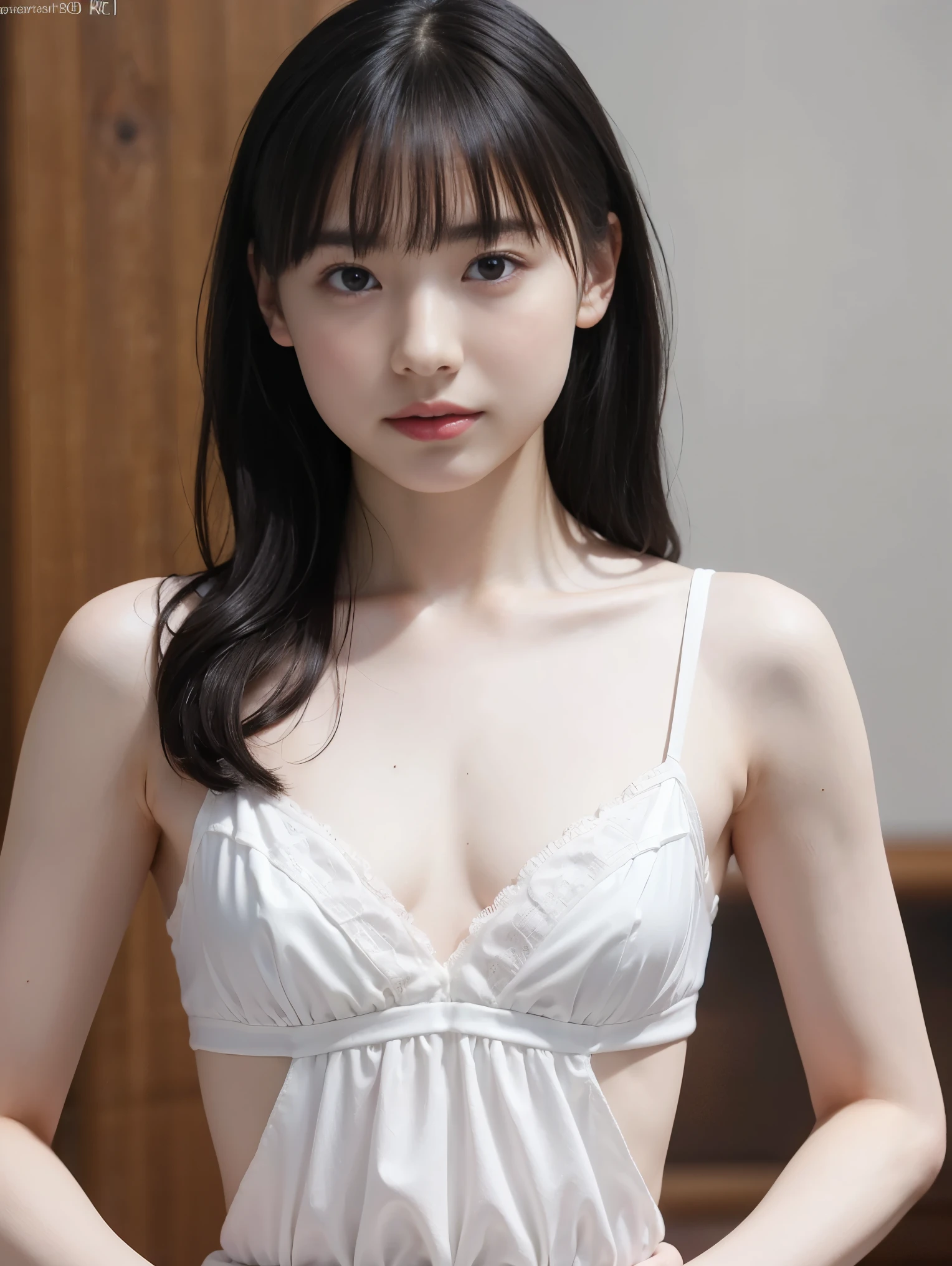 High resolution、High resolution、In 8K、RAW Photos、Highest quality、masterpiece、One teenage girl, (flat chest like a boy:1.2), ((Skinny body:1.2)), Wavy Hair, White bra and panties, Anatomically correct,bangs、Waist