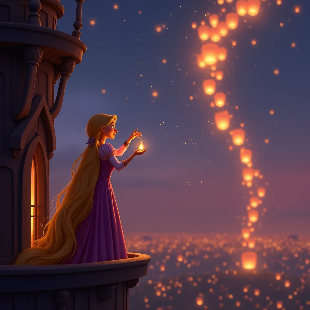 As dusk settles over the kingdom, a cascade of glowing lanterns rises into the night sky, shimmering like stars released from Earth. Rapunzel, with her long golden hair cascading around her, stands on the tower's balcony, her eyes wide with wonder and anticipation. The soft glow illuminates her face, reflecting a blend of hope and yearning for . With a heart full of dreams, she reaches out towards the glowing lights, each one a symbol of her desire to discover the world beyond her confinement. In that magical moment, she feels a connection to something greater, a beckoning promise of adventure and new beginnings.