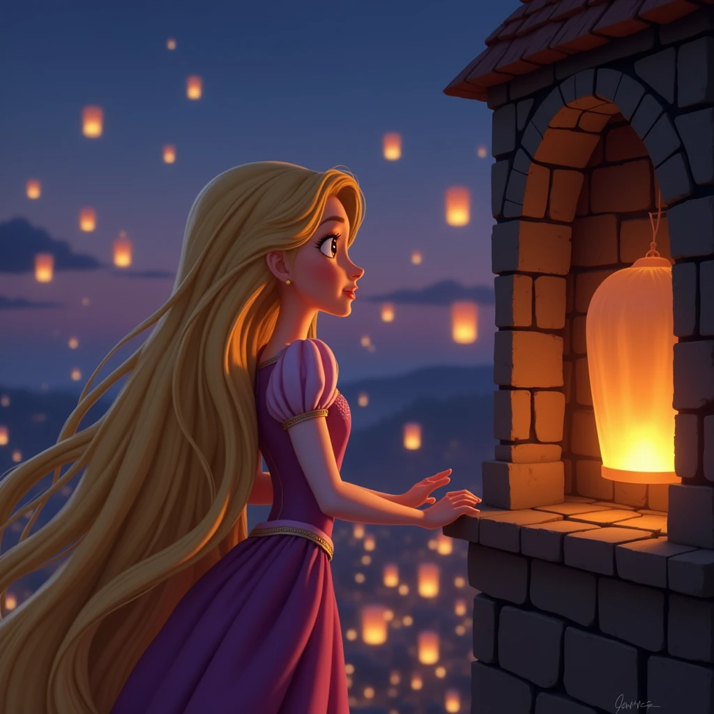 As dusk settles over the kingdom, a cascade of glowing lanterns rises into the night sky, shimmering like stars released from Earth. Rapunzel, with her long golden hair cascading around her, stands on the tower's balcony, her eyes wide with wonder and anticipation. The soft glow illuminates her face, reflecting a blend of hope and yearning for . With a heart full of dreams, she reaches out towards the glowing lights, each one a symbol of her desire to discover the world beyond her confinement. In that magical moment, she feels a connection to something greater, a beckoning promise of adventure and new beginnings.