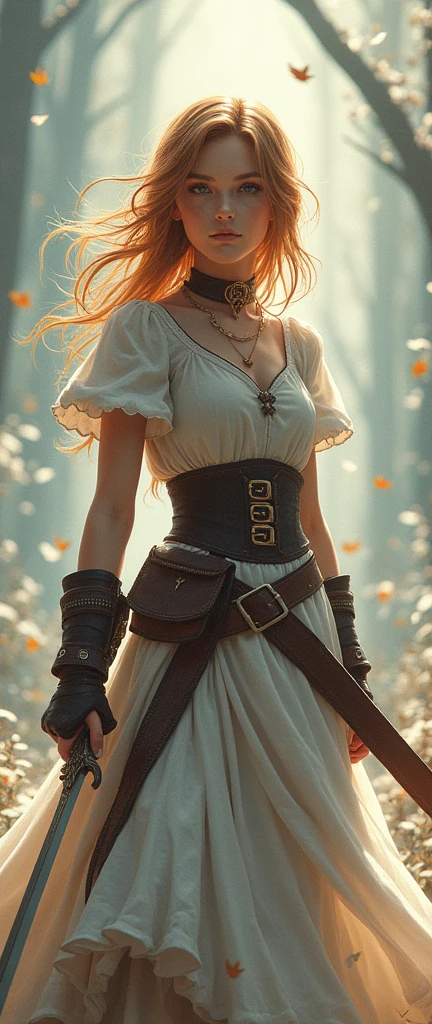 Theme of the game Final Fantasy. Image of a bronze-haired girl standing holding her favorite sword , pastel colors, and dramatic tones. A masterpiece with the highest resolution , Image type semi-realistic