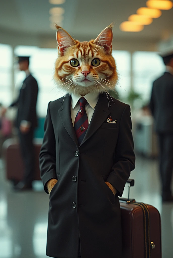 35mm lens，Multiple angles，漂亮的Cat，cute，Personification，Back，side，silhouette，Overhead shot，Cat，Standing，doll，Airline stewardess，Trolley case，，AIRPORT，Airline stewardess， cloak,Ruan Jia,Suit,tie, (Delicate face), (Fine fluffy fur)，（35mm Cinema Lens），（Multi-angle shooting），（many viewing angles）