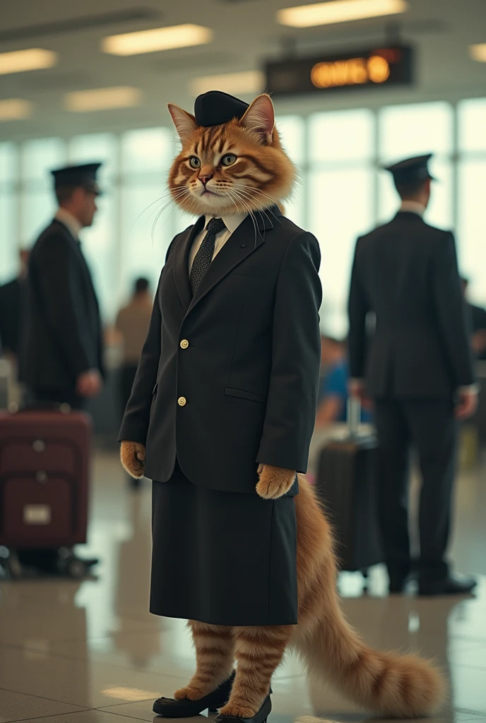 35mm lens,Multiple angles,漂亮的Cat,cute,Personification,Back,side,silhouette,Overhead shot,Cat,Standing,doll,Airline stewardess,Trolley case,,AIRPORT,Airline stewardess, cloak,Ruan Jia,Suit,tie, (Delicate face), (Fine fluffy fur),(35mm Cinema Lens),(Multi-angle shooting),(many viewing angles)