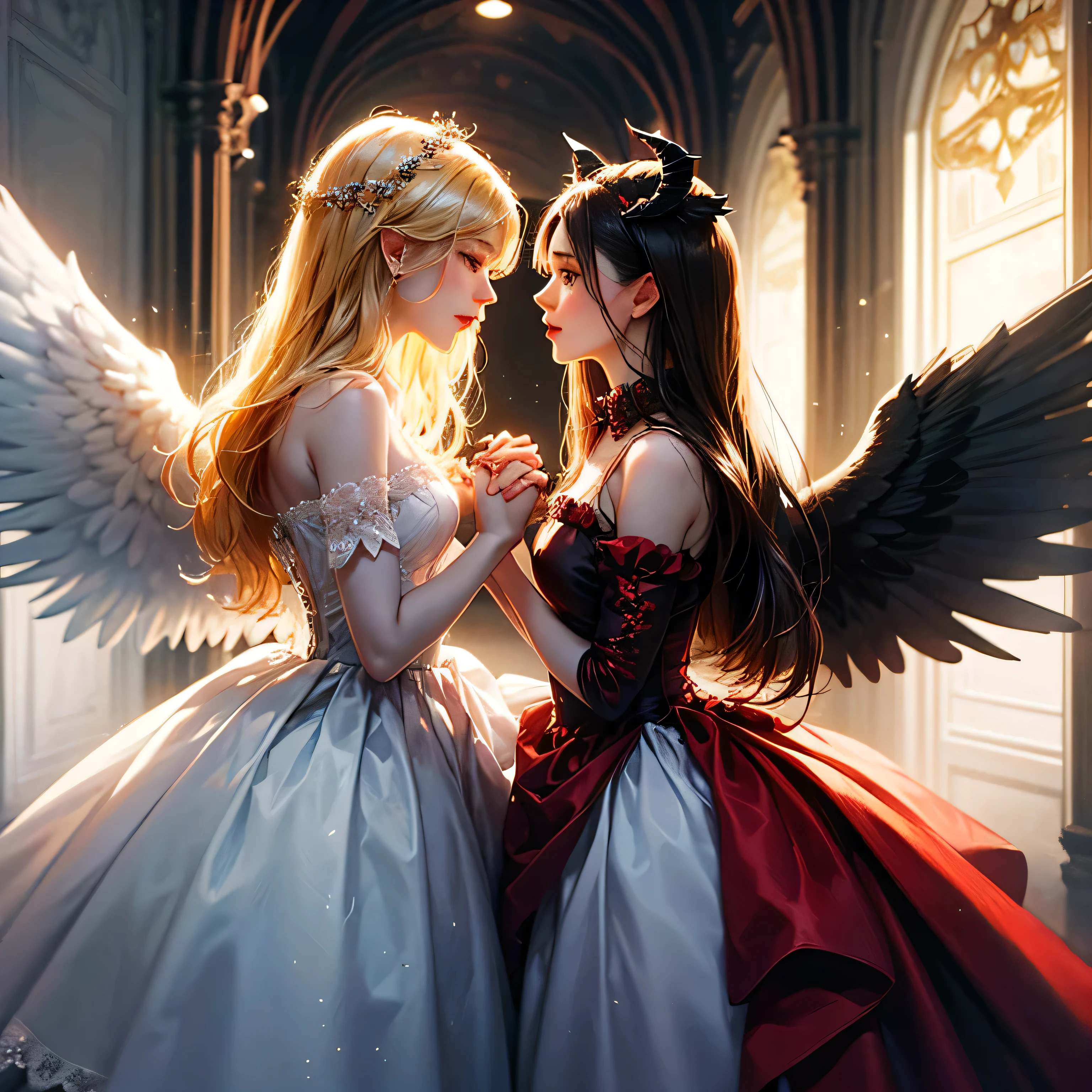 two girls, Facing each other and holding hands, One dressed as an angel, An angel with an angel&#39;ring on his head, a yellow ring of light, white fluffy wings, dressed in white, and the other a devil with red horns and black wings, dressed in black.