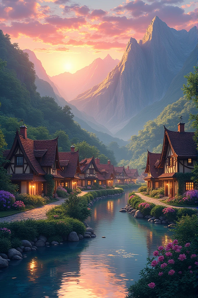 a small village by the river, mountains in the background, floral flowers colorful, detailed landscape, Beautiful natural landscapes, atmospheric lighting, scorching sunset, warm colours, practical, photopractical, Detailed Foliage, complex buildings, cobblestone street, Charming country house, swirly vibrant colors, lush vegetation, Still water reflections, Picturesque, idyllic, work of art, best qualityer, 8k, extremely detaild,anime styling