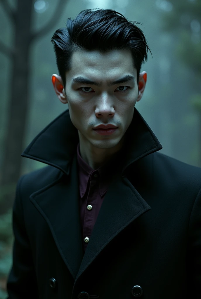Perfect Asian vampire man with evil look short hair 