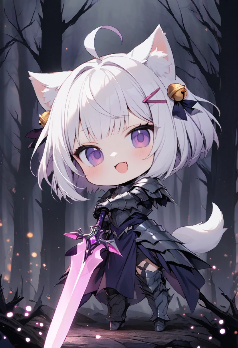 master piece, best quality, ultra-detailed, illustration, 1girl, solo, chibi, (big head), cute pose, front view, looking at viewer, ((full body Close up)), filian, filianoverall, Filiansailor, ((white hair)) , short hair, shoulder length hair, fly-away hair, purple hair ornament, bangs, hairclip, cat ears, (hair bell:1.3) ahoge, purple eyes, open mouth, smiling, (white fox tail), ((spear knight outfit)), knight's armor, metal breastplate, armored gloves, holding a long sword , glowing sword , metal greaves, armored boots, spooky forest background, gloomy atmosphere, broken trees